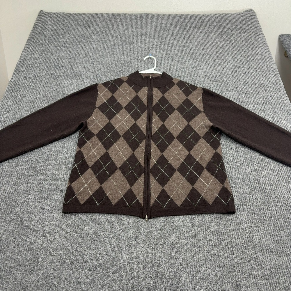 Guy Risoldi Sweater Mens L Brown‎ Merino Wool Argyle Full Zip Mock Neck Preppy